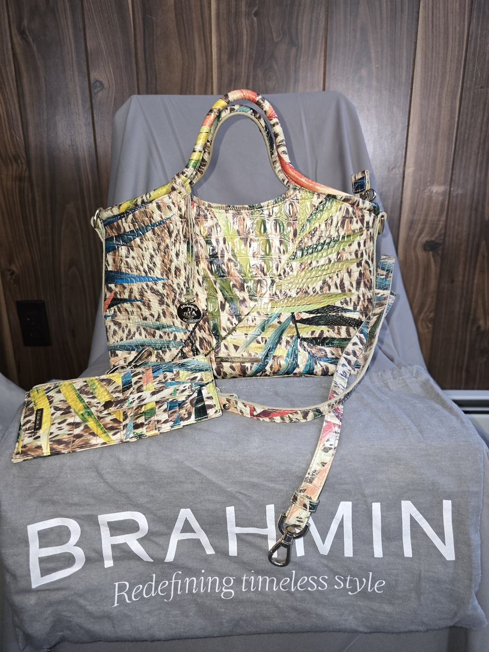 Brahmin Multicolor Embossed Leather Satchel with Wristlet